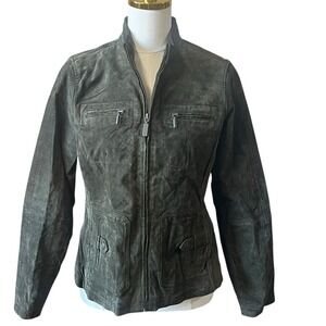 Ruff Hewn Leather Suede Moto Jacket Dark Green Womens Medium Fitted Casual Style